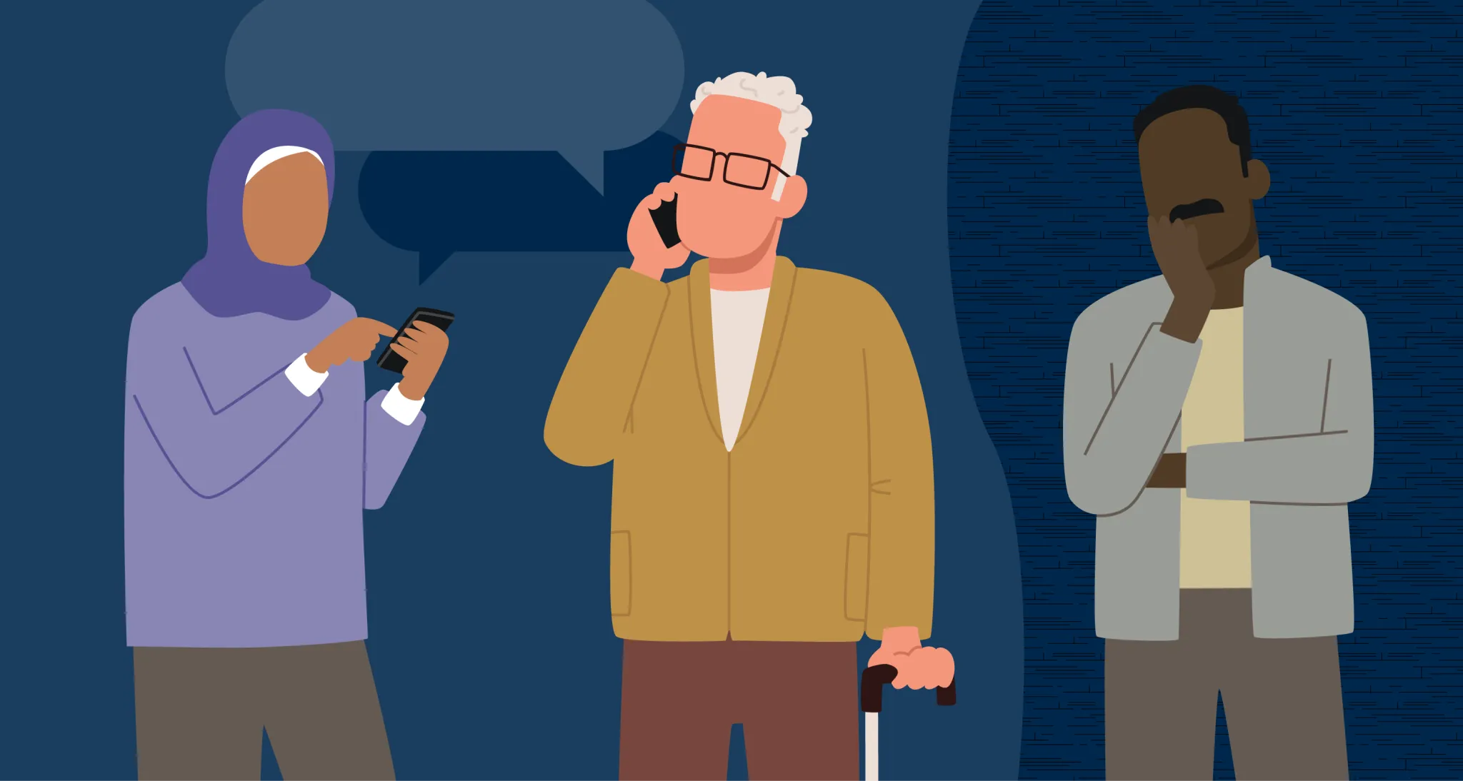 graphic of three people on a dark blue background