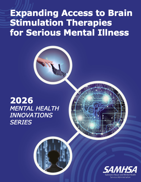Dark blue designed cover photo that reads Expanding access to brain stimulation therapies for serious mental illness.